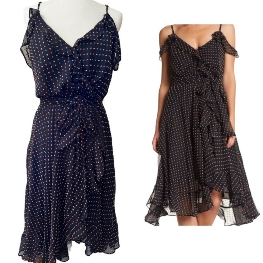 Betsey Johnson pink dots Midi Dress Black Ruffle Faux Wrap set size 12